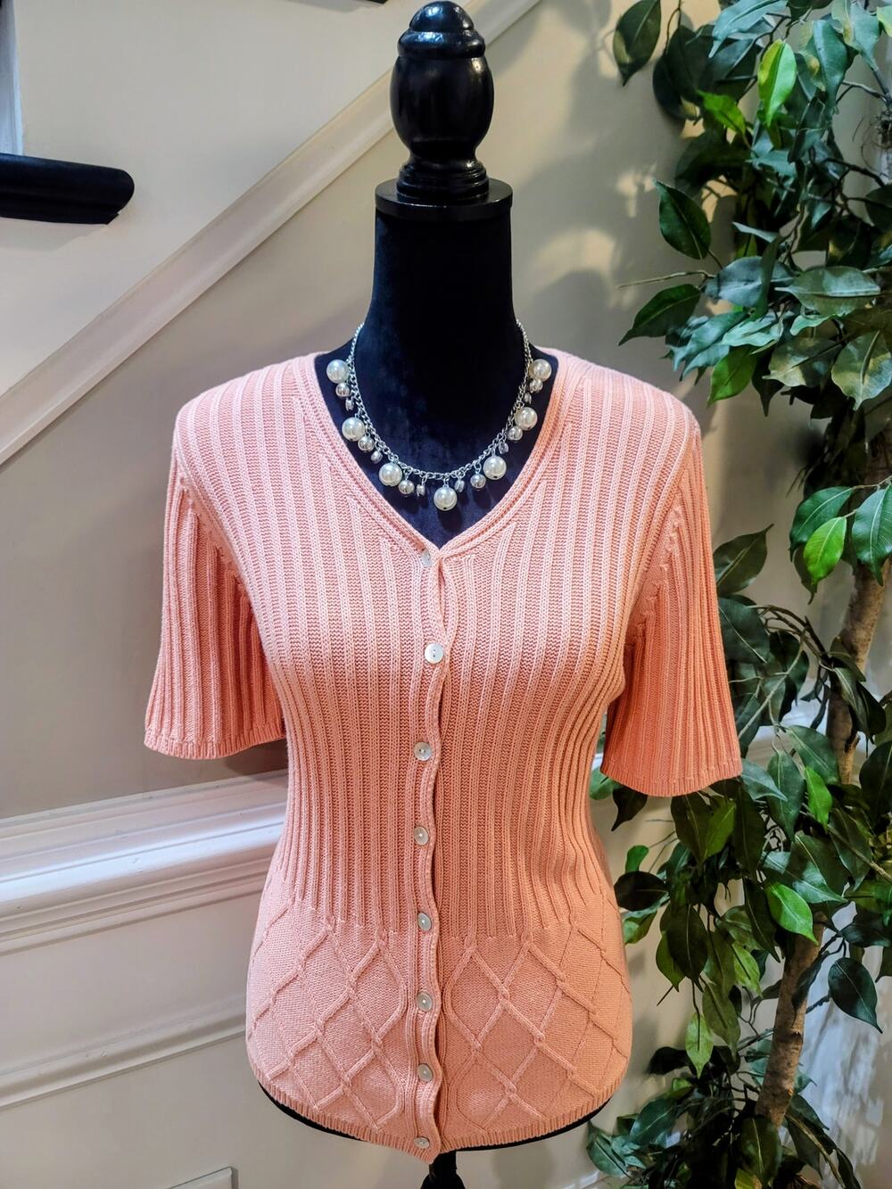 Van Heusen Cardigan Sweater Women Large Peach Ribbed Knit Button Up Short Sleeve